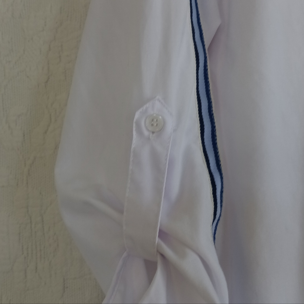 Zara White Button-Up Shirt Navy Stripe Sleeve Detail Oversized Billowy Beach - Picture 6 of 13